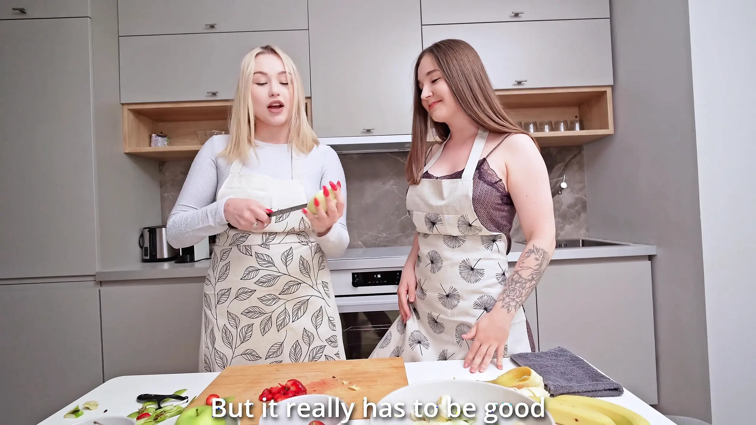 Lesbians Are Cooking in the Kitchen! but Big Hard Cock in Their Ass and Pussy Stopped It