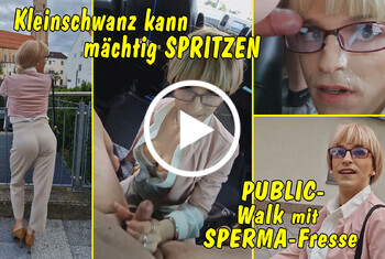 FULL CLIP! Kleinschwanz spritzt ganz schön viel! Public Walk mit Sperma-Fresse!